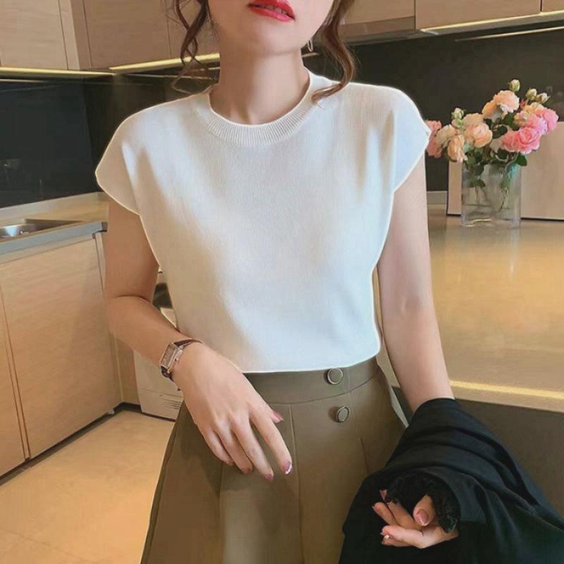 New ice silk knitted sweater women's summer thin shoulder sleeves loose and thin round neck short-sleeved bottoming top