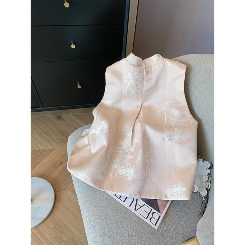 Vest satin jacquard vest women's early spring high-end sense antique style disc-buckled fringed vest sleeveless women's top