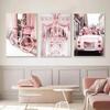 Modern City Pink Landscape Canvas Painting Wall Art Posters and Prints Begonia Flower Retro Car Bicycle Pictures for Living Room Decor