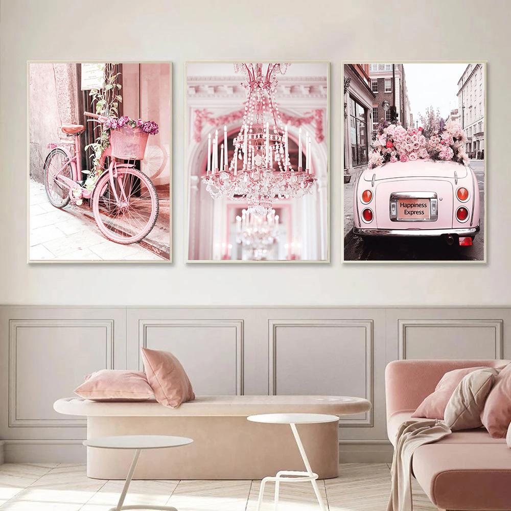 Città moderna Scenario rosa Pittura su tela Wall Art Poster e stampe Fiore di Begonia Retro Car Bike Immagini per la decorazione del soggiorno