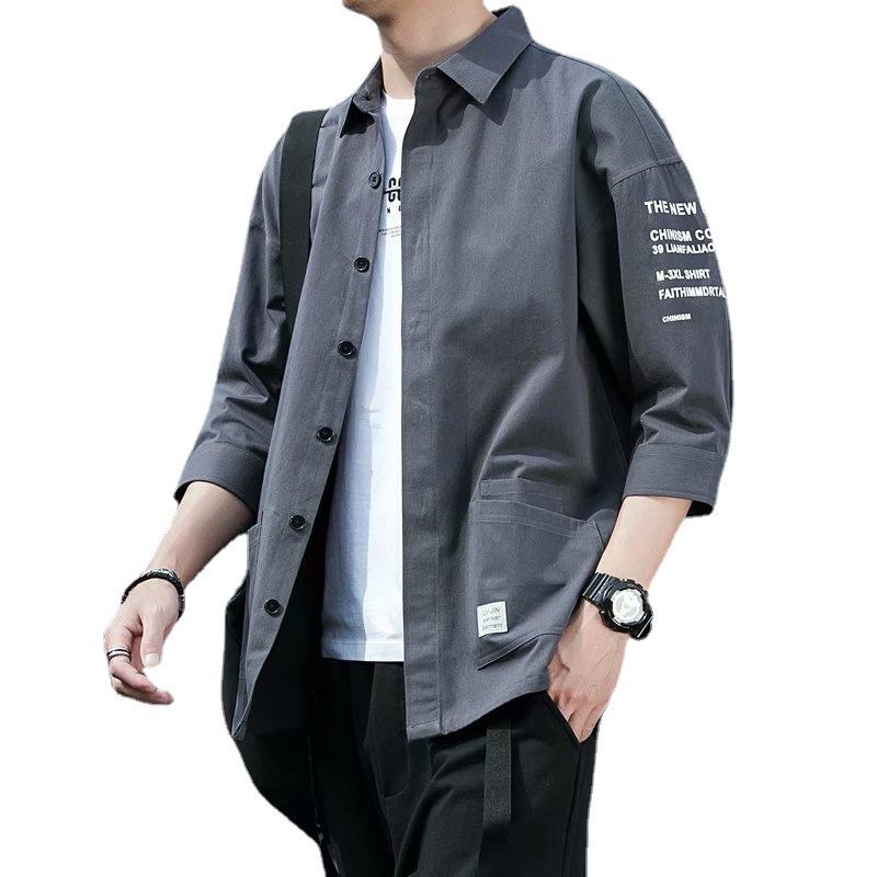 Man's Shirt Three-quarter Sleeve Spring and Summer Season Fashion Loose Short-sleeved Shirt Hong Kong Style Japanese Shirt Casual Jacket