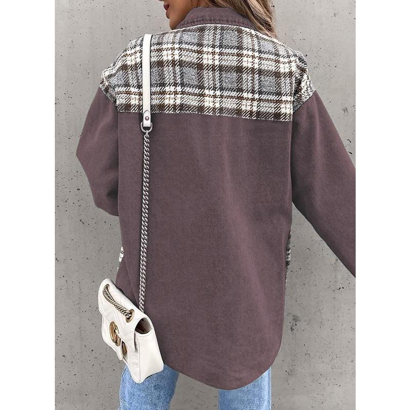 JKASHDK Moda Donna Casual Stampa a Quadri Autunno Inverno Manica Lunga Giacche e Cappotti con Collo POLO