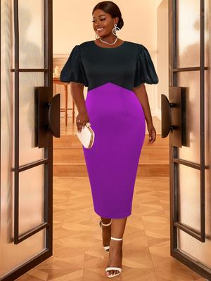 Black Purple Patchwork Party Dresses for Women Short Lantern Sleeve Bodycon Package Hip African Formal Occasion Celebrate Event Gowns