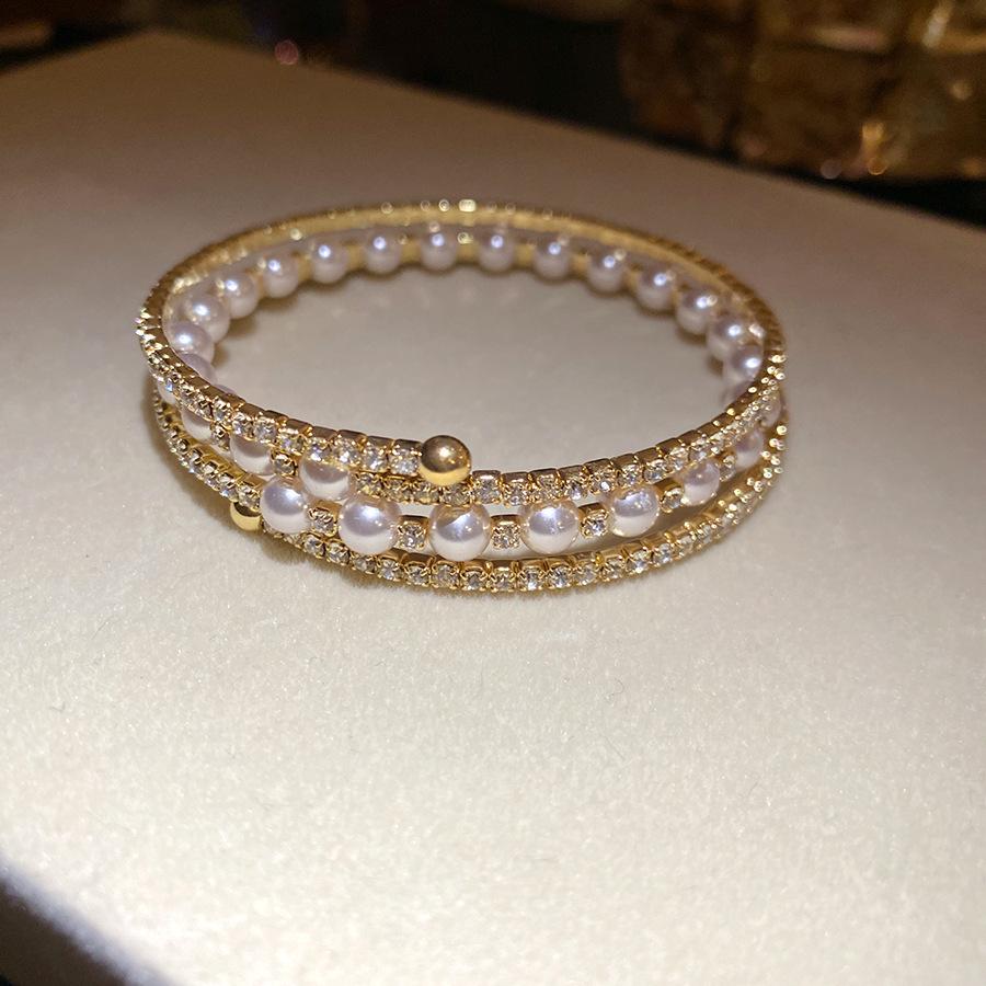 Iridescent Pearl and Diamond Multi-Layer Open Cuff Bracelet - Exquisite European and American Design
