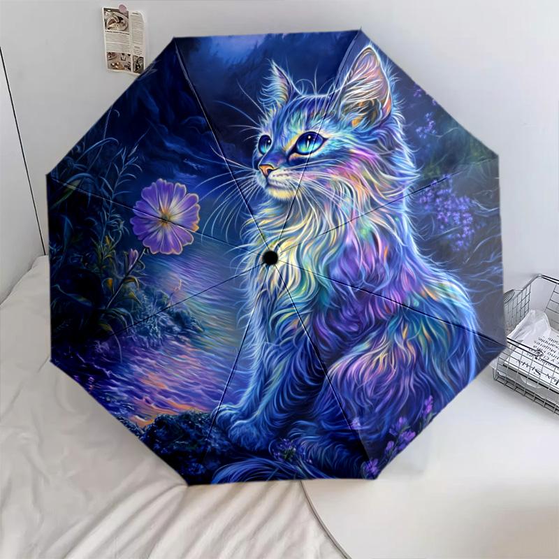 Night Cat  pattern, automatic folding umbrella, portable and foldable design, 8 ribs, a Christmas or birthday gift.