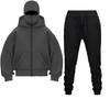 2025 Unisex Autumn Solid Color Double Hood Sweatshirt Set - European & American Style, Personalized Unique Design