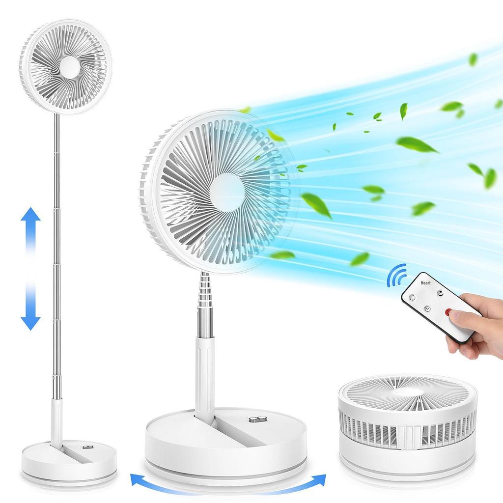 Portable Foldable Wireless Charging Fan with Silent Operation, Telescopic Design, Large Airflow, and Remote Control.