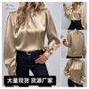 Women Champagne Satin Mock Neck Puff Sleeve Blouse