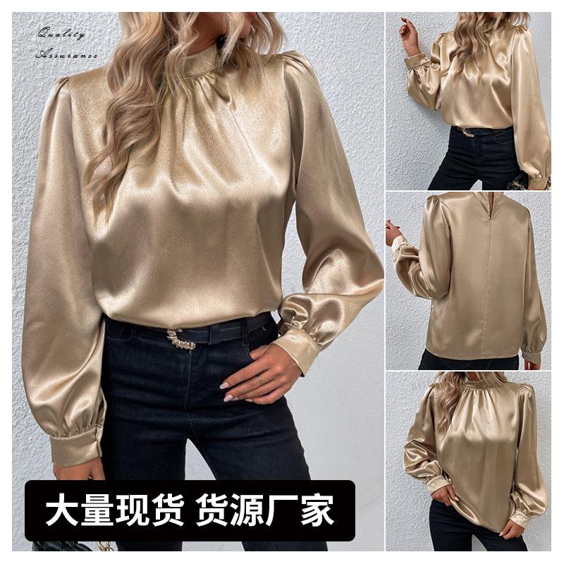 Women Champagne Satin Mock Neck Puff Sleeve Blouse