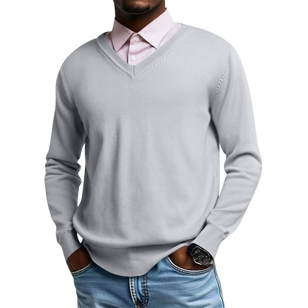 Męski dzianinowy top z dekoltem V i długim rękawem, codzienna wygoda, bluzka z długim rękawem