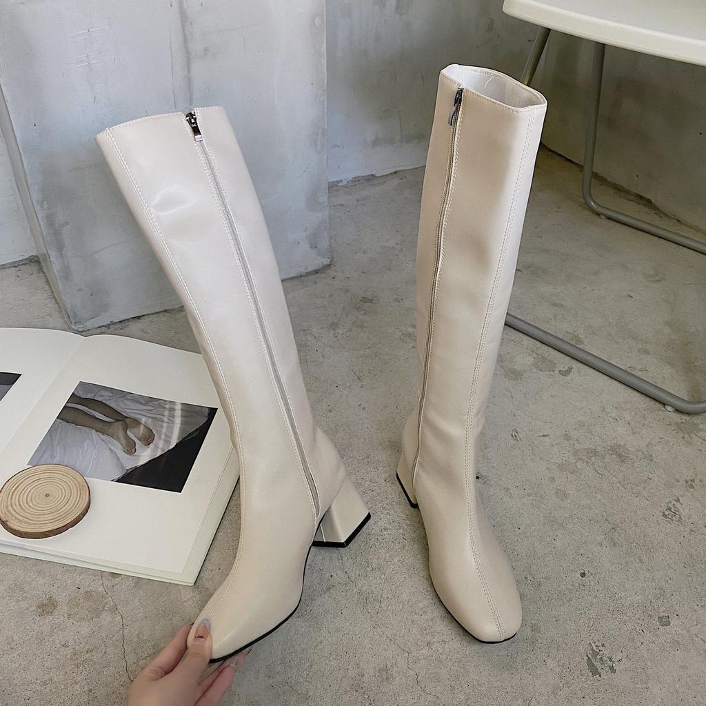 Bottes longues et chaudes pour femmes, bottines hautes au genou, chaussures pour dames, plateforme, talon épais, cuir PU, fermeture éclair souple, mode femme hiver