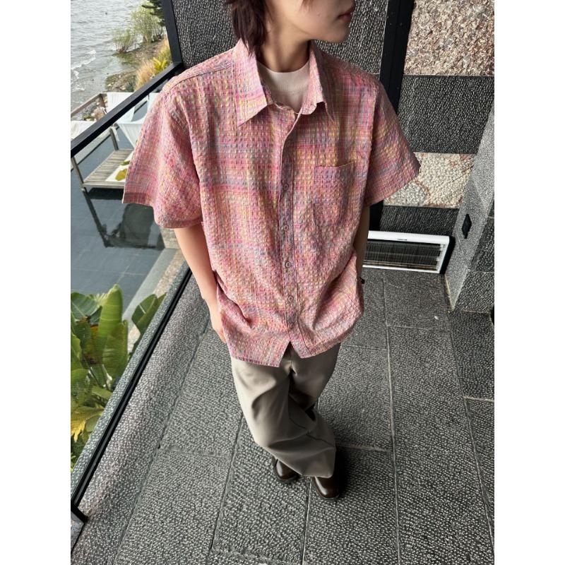 Men's Plaid Textured Short Sleeve Shirt Casual Pocket Detail Loose Fit Streetwear Top