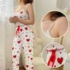 Women's Two-Piece Ice Silk Ribbed Sexy Printed Vest and Bow Decoration Long Pants Home Casual Women's Sleepwear Set