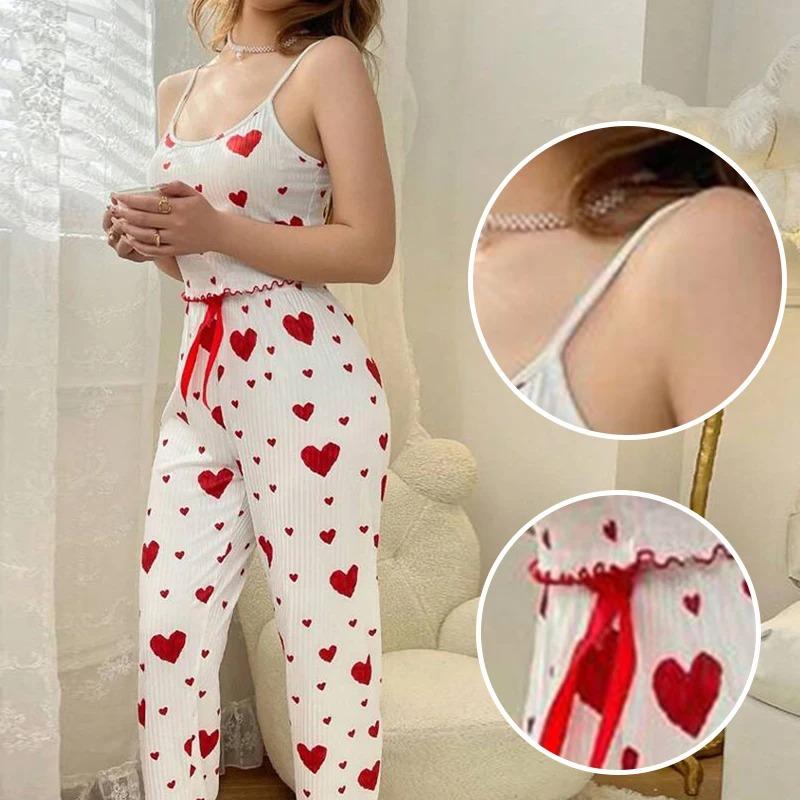 Women's Two-Piece Ice Silk Ribbed Sexy Printed Vest and Bow Decoration Long Pants Home Casual Women's Sleepwear Set