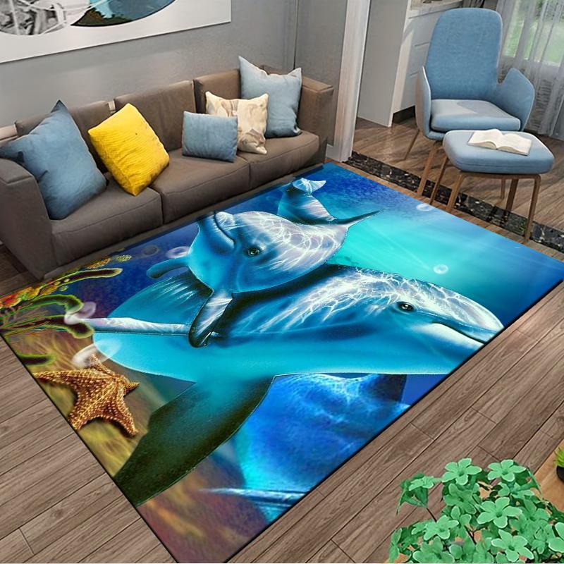 "Blue Ocean Theme Carpet with Dolphins, Starfish, and Coral Design" Suitable for use as an anti-slip for living room bedroom sofas