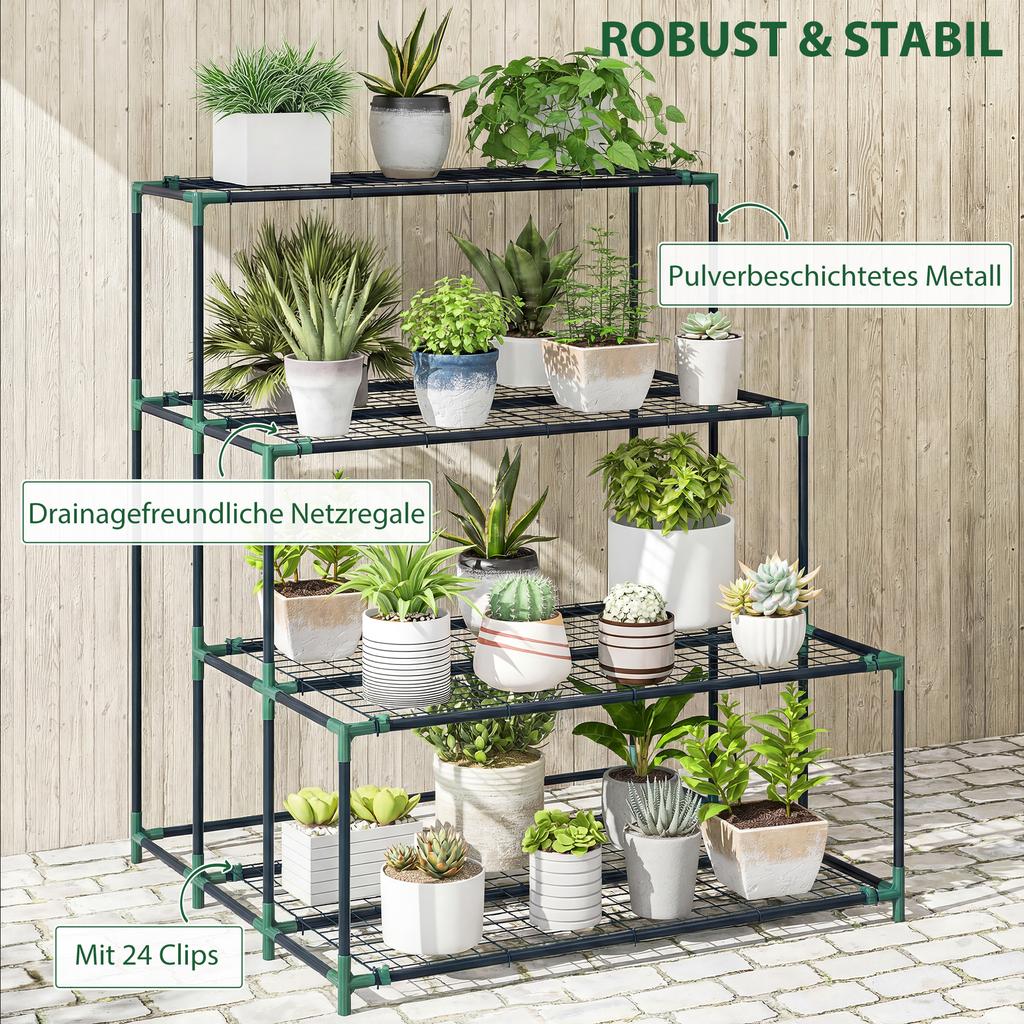4-Tier Plant Stand, 110 cm High Flower Stand with 24 Clips, Plant Shelf Made of Steel Dark Green