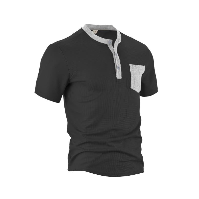 

Мужская летняя вафельная рубашка хенли из полиэстера с цветными блоками и открытой планкой XXXL чёрный