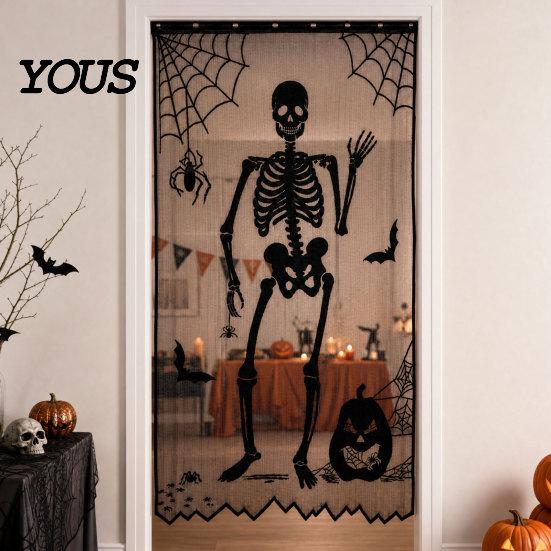 Gotische Halloween Tischdecken Türvorhang, Spitze Spinnennetz Kaminabdeckung, Gruseliges Skelett Hexe Komplette Dekoration Fledermausdruck Fenster Vorhänge für Zuhause