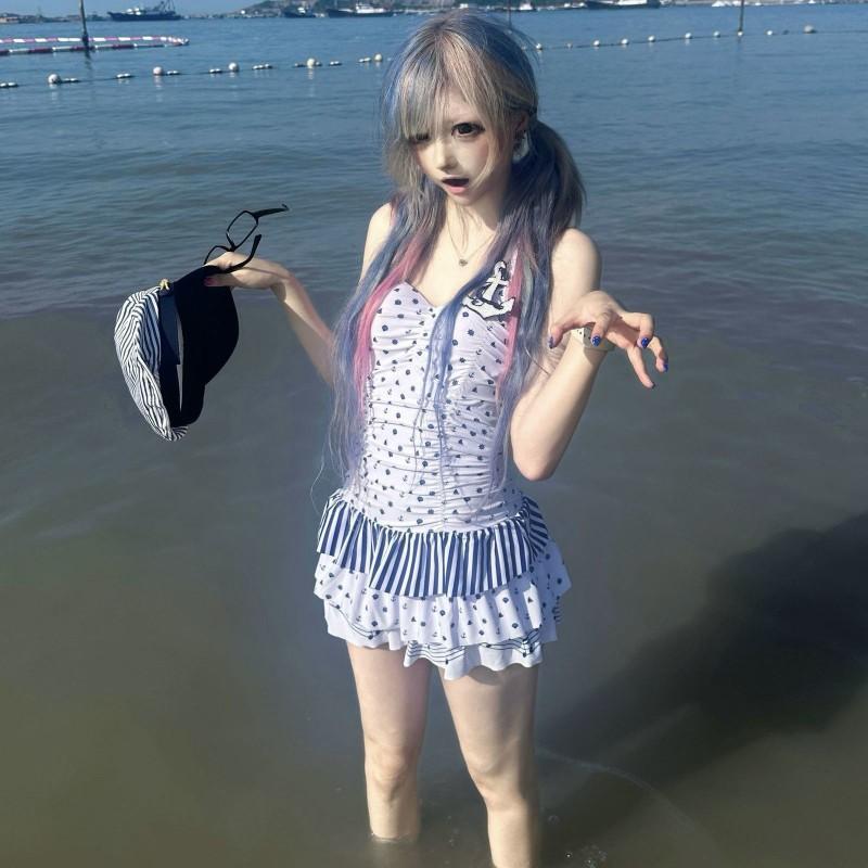 

High-level Naval Style Conservative Skin-covering Skirt One-piece Student Girl Beautiful Vacation Swimsuit Female M белый
