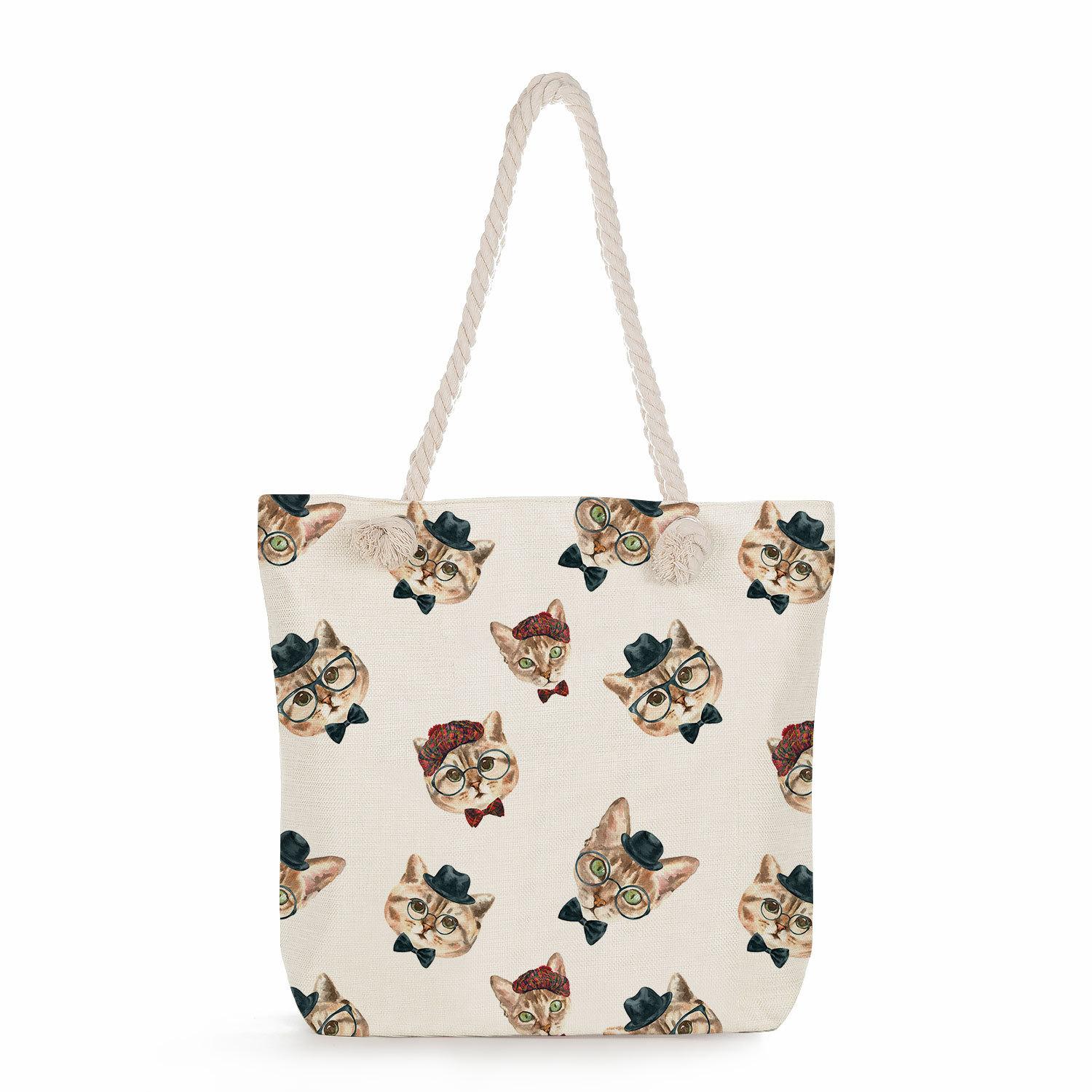 Cartoon cat group print thick rope single-shoulder beach bag 7253 CLE