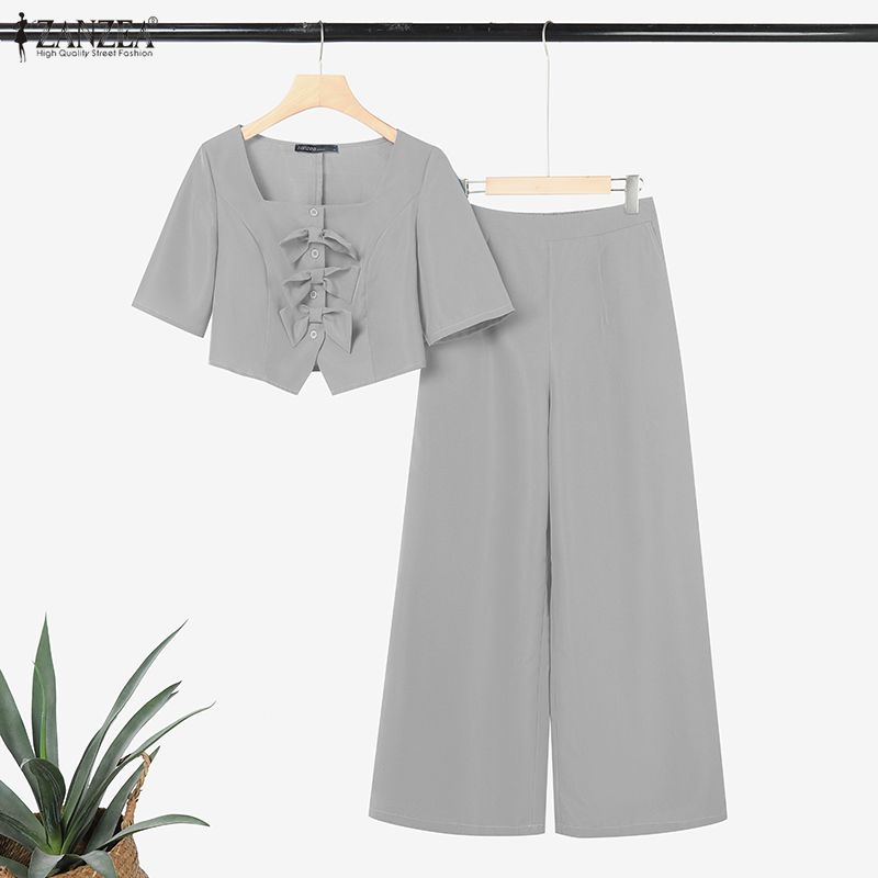 ZANZEA Women Short Sleeve Cropped Tops and Pants Summer Two Piece Suit Sets