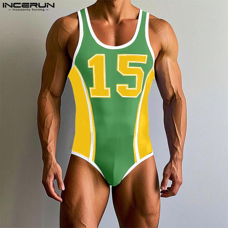 INCERUN Men Sleeveless Stitching Letter Print Briefs Bodysuits Fitted Jumpsuits Underwear