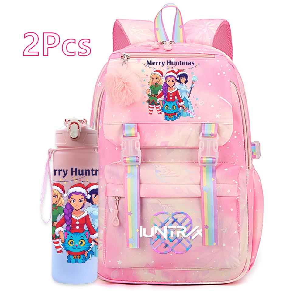 2Pcs/set Christmas K-pop Printed Backpack with 750Ml Water Bottler Large Capacity Travel Bag for Teenager Girl Boy Waterproof Bookbag Kid Gift Rucksak