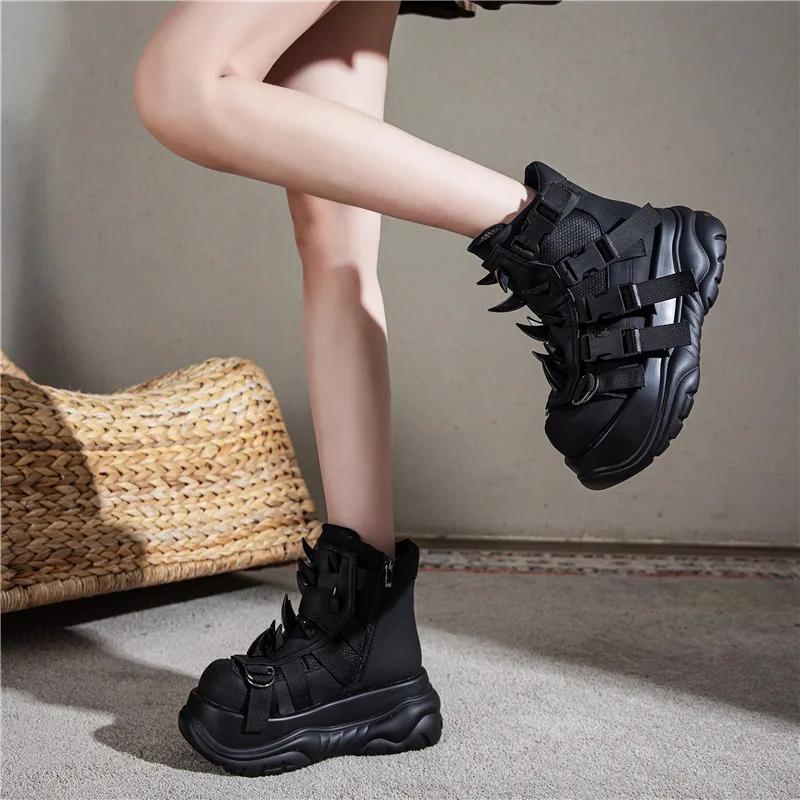 New Women Genuine Leather Punk Rivet Muffin Platform Sports Retro Rivets Heavy Metal Short Boots 7cm