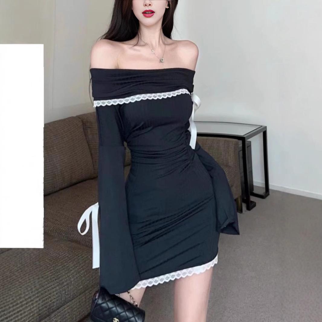 

Women s Sexy Off-Shoulder Black Lace Patchwork Bodycon Mini Dress Small