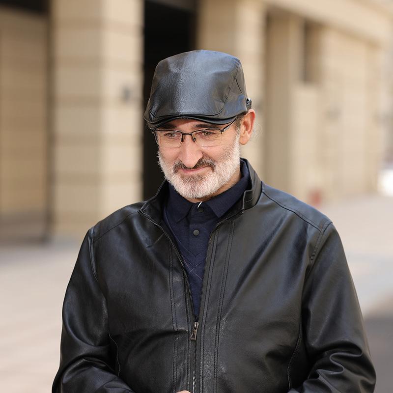 Leather Beret Men's Leather Duck Tongue Cap Middle-aged and Elderly Winter Leather Forward Cap Female Warm Leather Cap