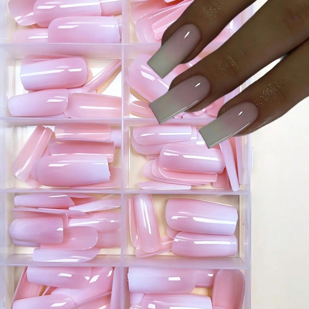 120Pcs Pink-White Gradient Press On Nails, Glossy Long Square French Fake Nails Full Cover Wearable Nail Tips