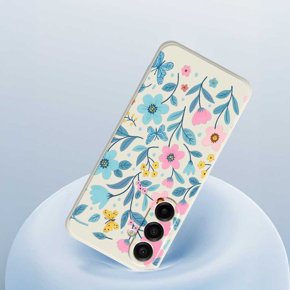For Samsung Galaxy A17 5G Case Blue Pink Flowers Pattern Printing Straight Edge TPU Phone Back Cover