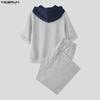 INCERUN Two Pieces Men Short Sleeve Splicing Hooded T-shirts Long Pants Sets