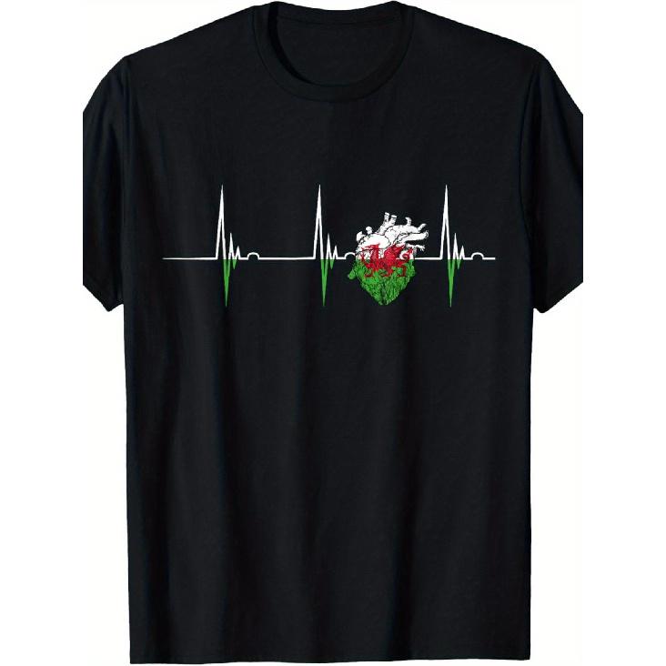 Welsh Flag & Welsh Dragon EKG Pulse Heart T-Shirt - Cotton Welsh Pride Design with Welsh Map Outline, Unisex Casual Wear for Men & Women, S чёрный