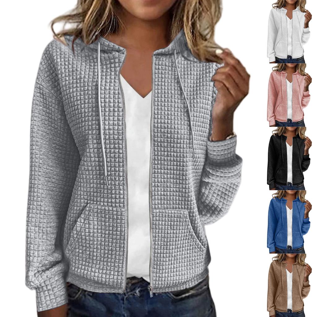 Women's Solid Color Zipper Hooded Cardigan Long Sleeved Sweatshirt Jacket
