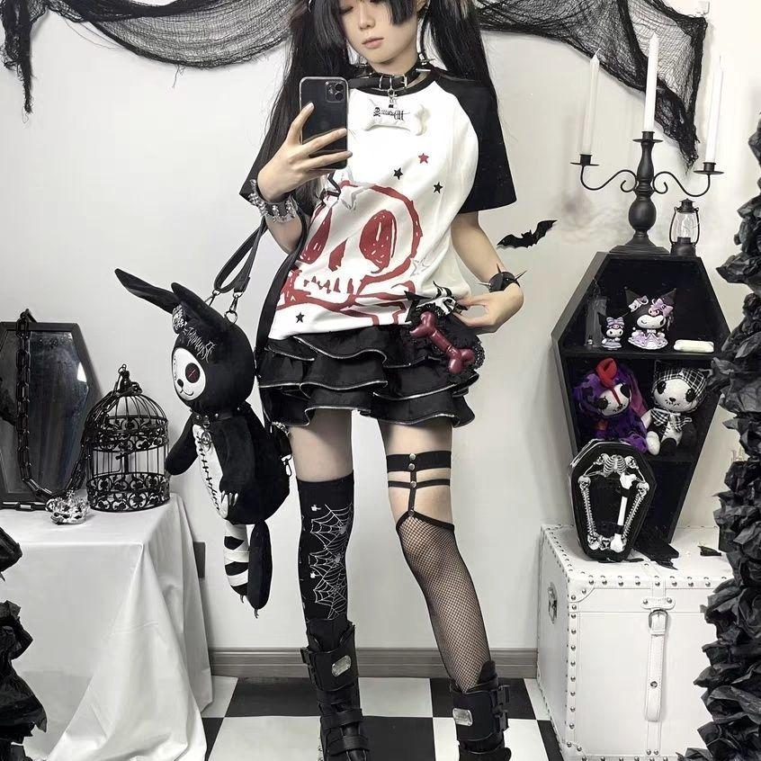 Emo Punk T-shirt Grunge Aesthetic Y2K Spring Long Sleeve Harajuku Loose Casual Rock Subculture Harajuku Top Street Student Summer