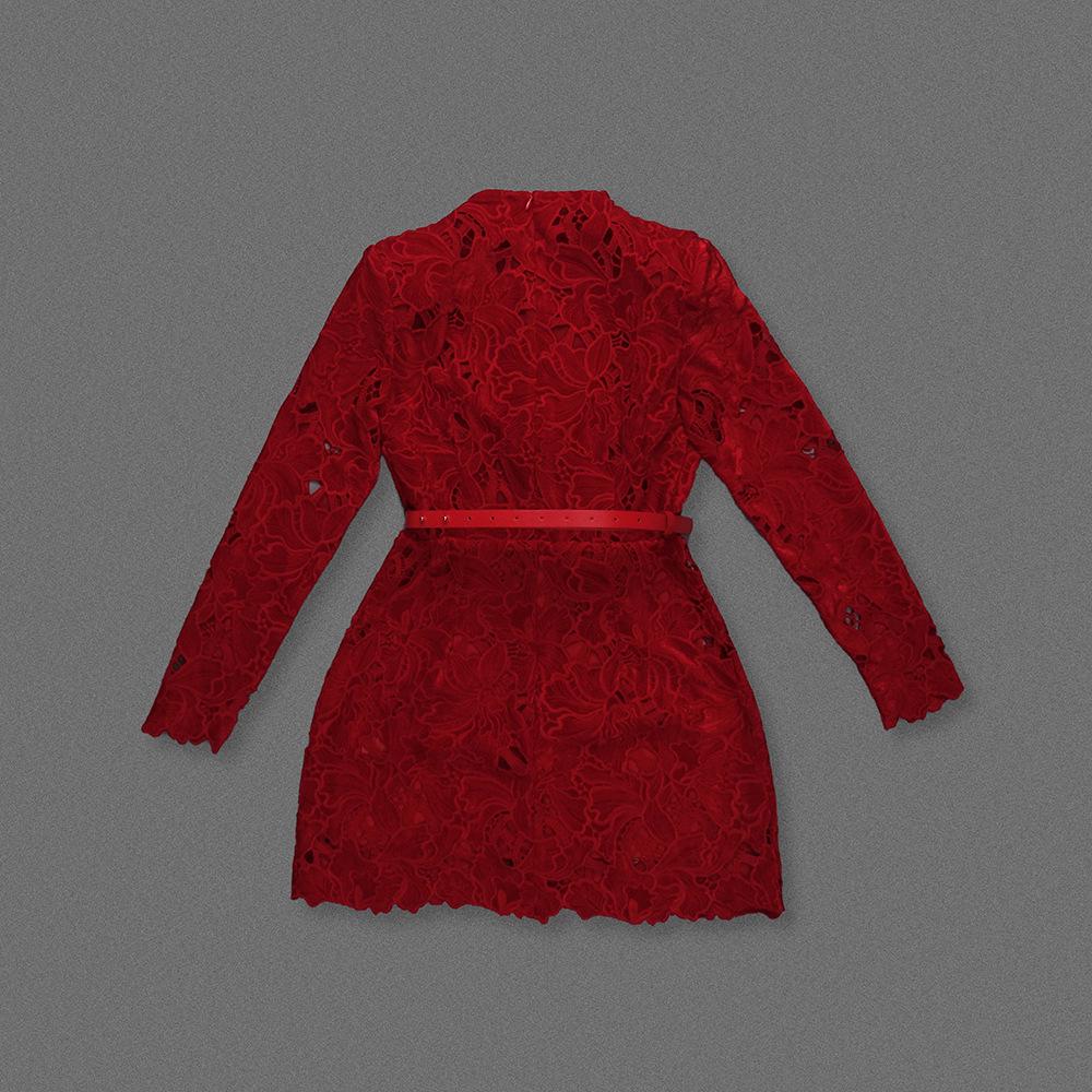 Autumn Red Lace Zipper Dress: Long Sleeve Christmas Style Women's Fashion