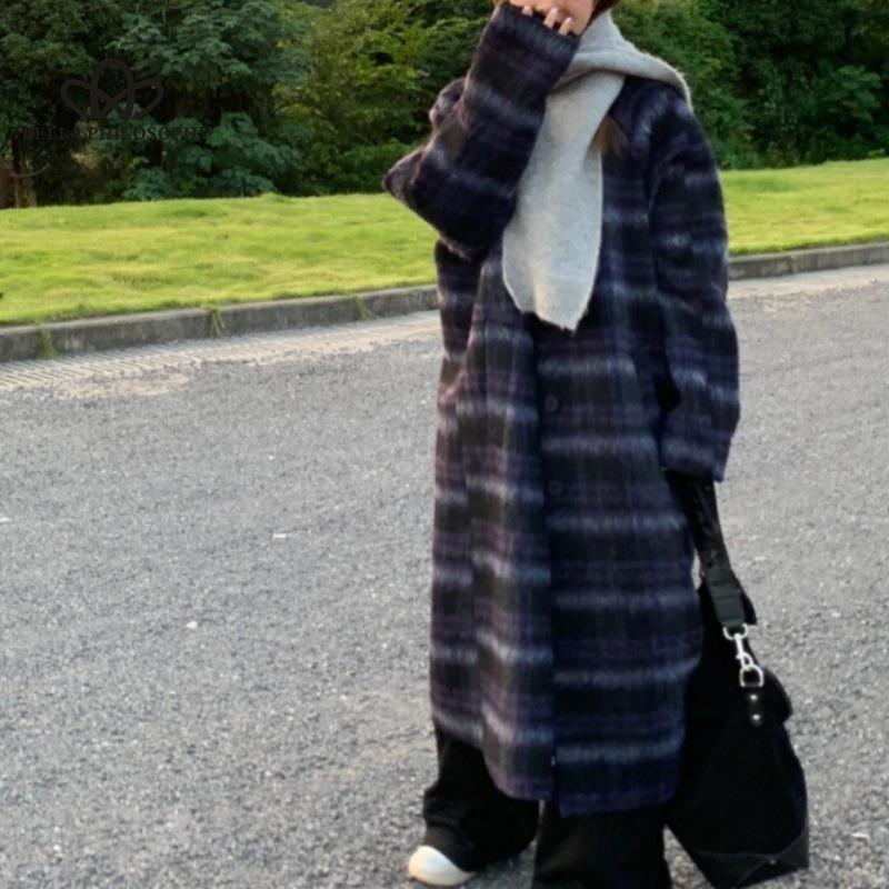 

Новое зимнее корейское стильное длинное шерстяное пальто выше колена в стиле ретро, ​​элегантное шерстяное пальто в клетку, повседневное шерстяное пальто XL