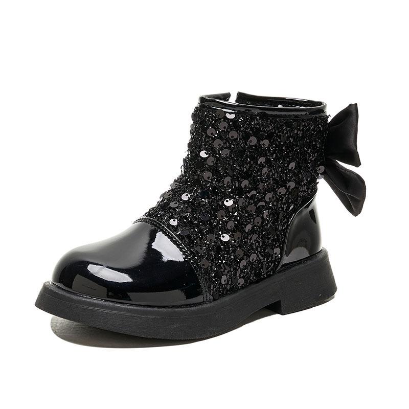 

Bling Short Boots for Girls Round Toe Sequin Cloth Side Zipper Outdoors Shoes Thick Bottom Chunky Heel Kid Princess Boots I09133 26 чорний