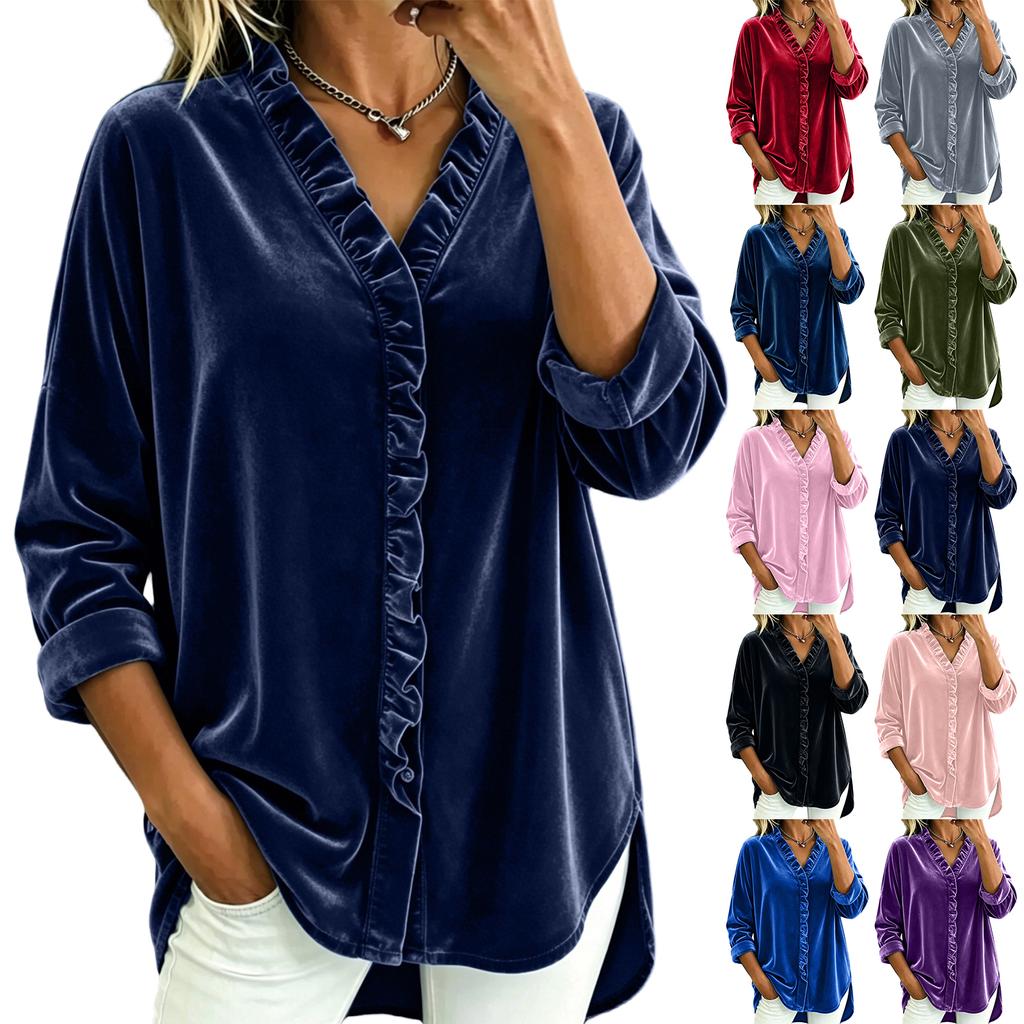 Women's Loose Fit V-Neck Blouse with Button Front and Ruffled Hem Long Sleeve Color Top for Casual Everyday Wear
