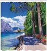 Landscape Shower Curtain with Hooks – Lago Di Garda, Italy View, Lake & Mountain Scenery for Nature-Inspired Bathroom Decor