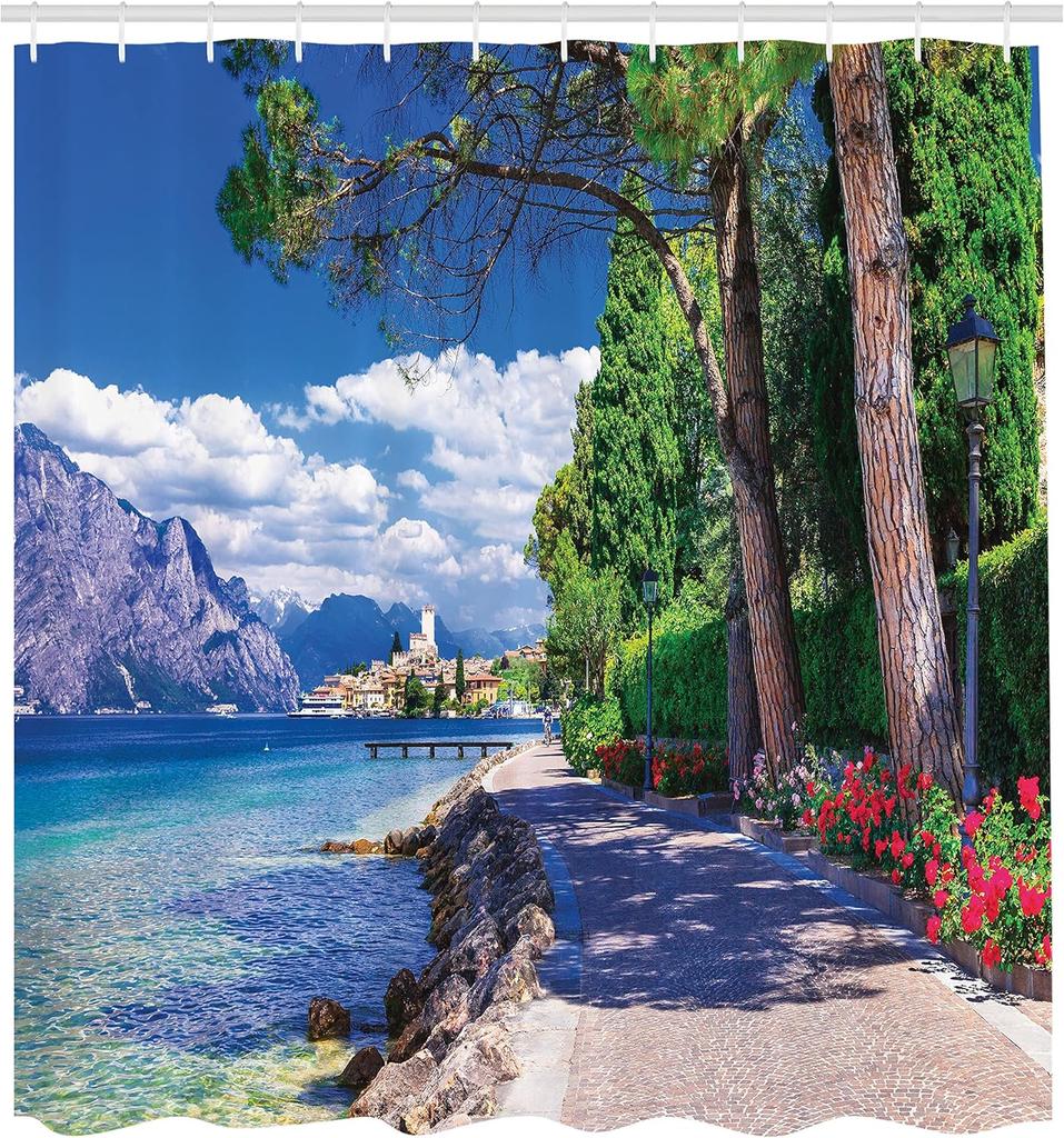 Landscape Shower Curtain with Hooks – Lago Di Garda, Italy View, Lake & Mountain Scenery for Nature-Inspired Bathroom Decor