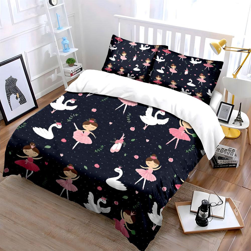 Ballet Swan Princess Pattern Bedding Duvet Cover Set (1*Duvet Cover 2*Pillowcases, without duvet insert)
