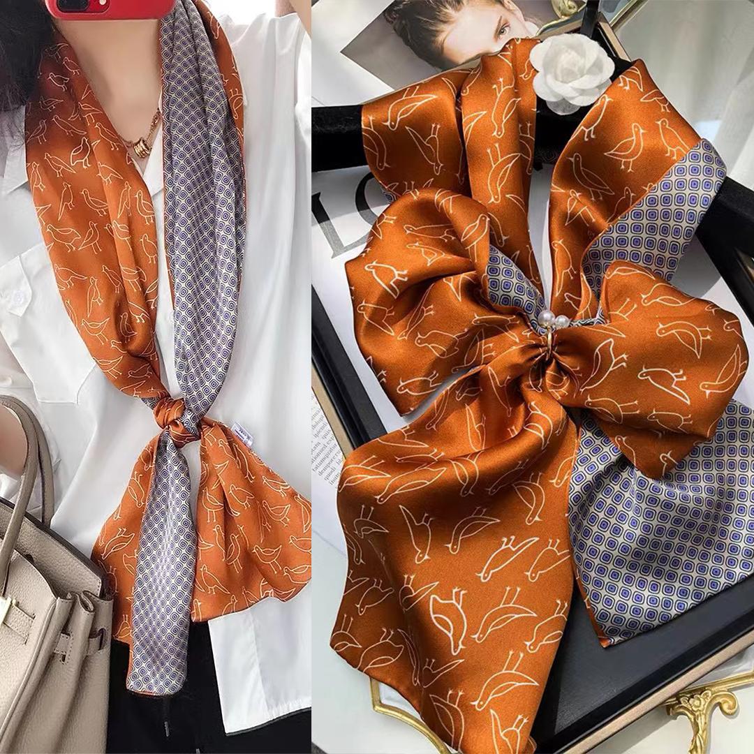 Bysifa| Gray Blue Long Silk Scarf Hairband Spring Fall Fashion Geometric Pattern Pure Silk Ribbons Scarves Floulard Printed