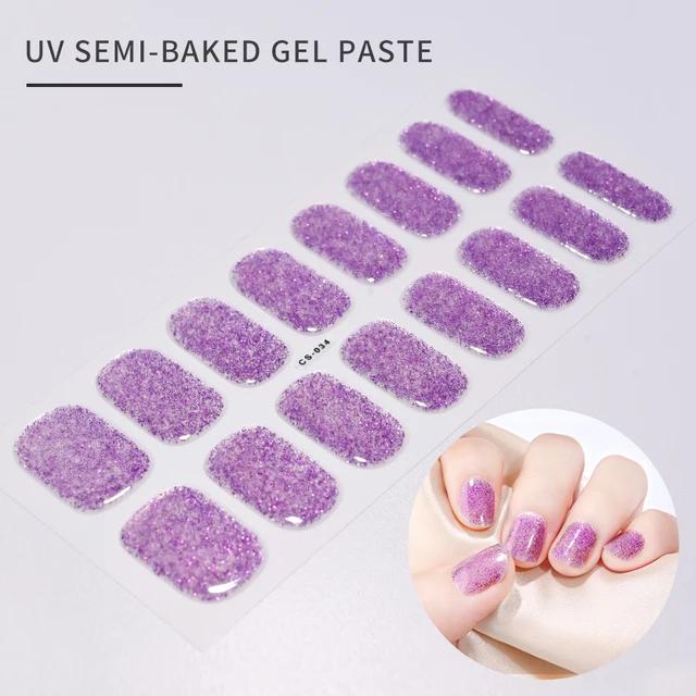 16Tips UV Semi-Cured Gel Nail Art Stickers Combo Pack Glitter High-Gloss Water-Proof Polish Wraps Full Cover Manicure Nails