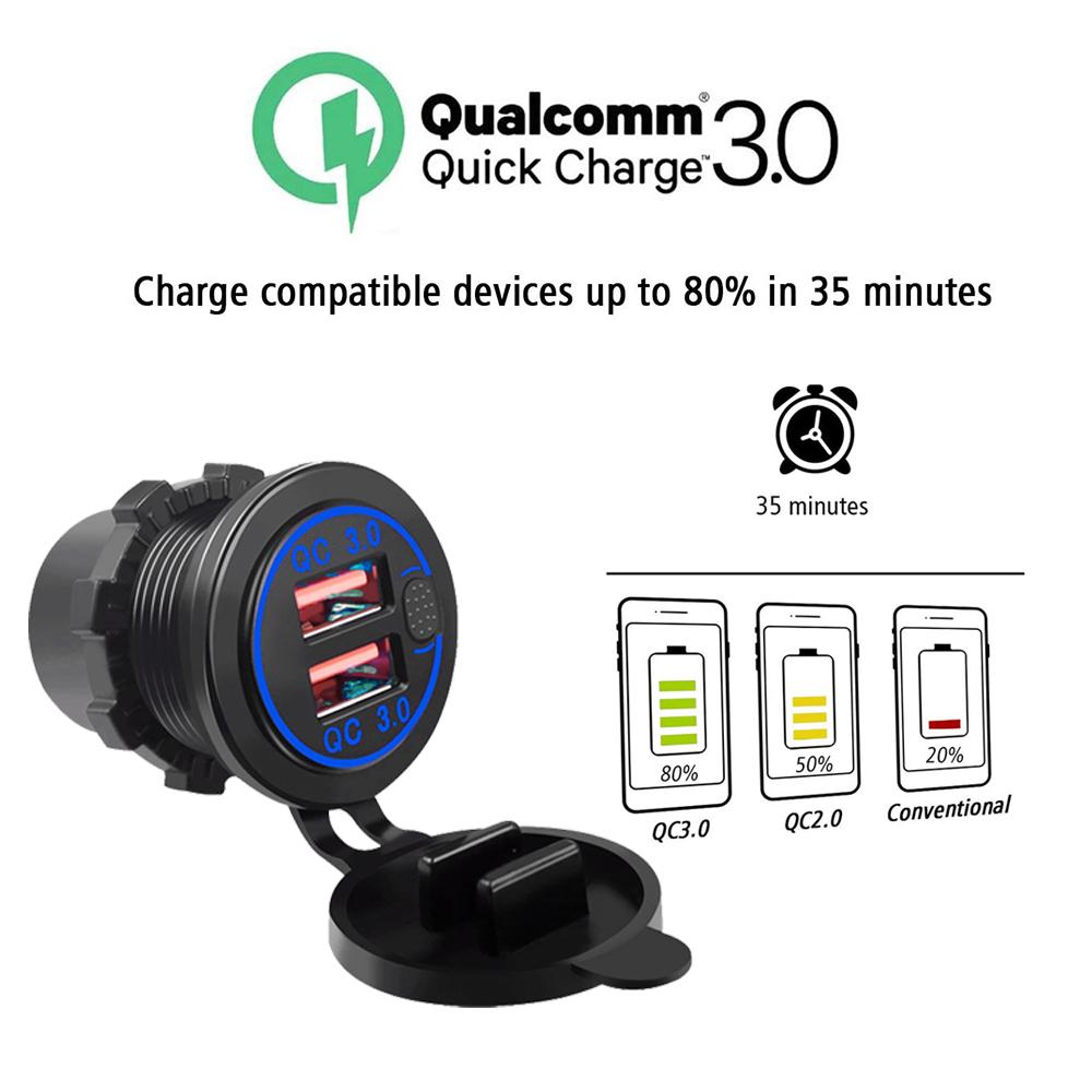 Cargador de coche con doble puerto USB QC3.0, toma de carga rápida con voltímetro e interruptor, 12 V/24 V, cargador de teléfono automático