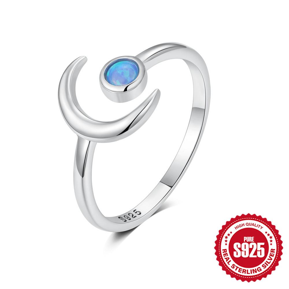 

Simple S925 Sterling Silver Personality Diamond Set Star Moon Opal Opal Couple Open Ring Ring Opening Adjustable