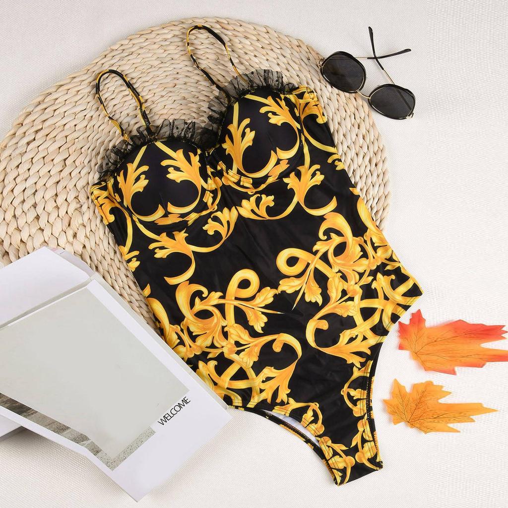 Women Sexy One-Piece Lace Print Jumpsuit Beachwear Swimwear Push-up Bikini