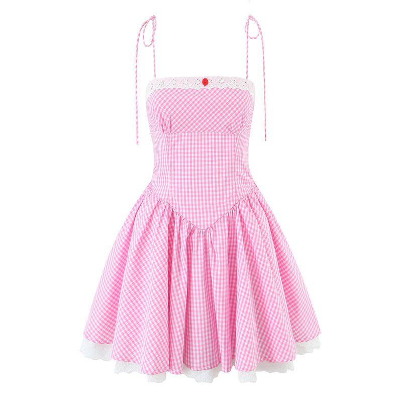 Sugar Snap Peas Girl French Style Pure Desire Sweet and Spicy Style Pink Plaid Embroidery Lace Stitching Gyaru Lace-up Sling Dress