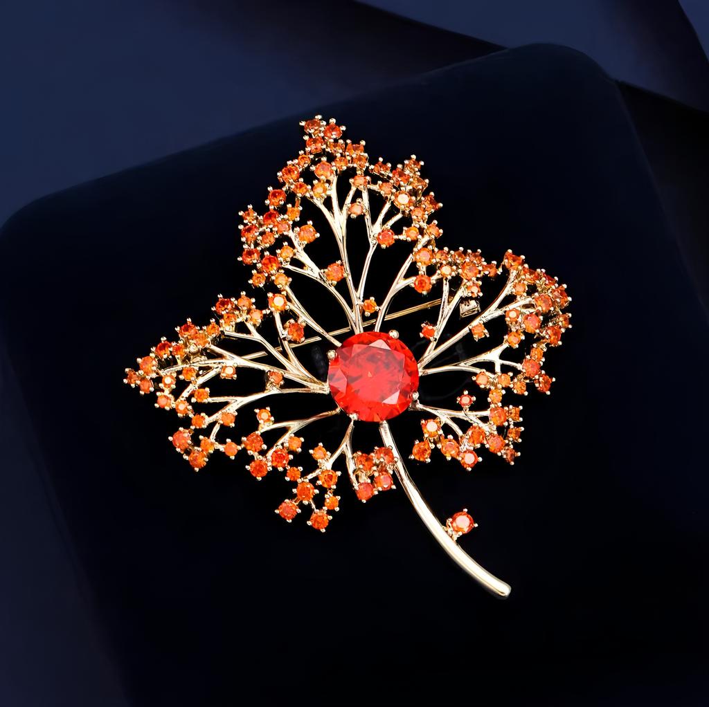 Red Maple Brooch, High-end Women's Red Maple Leaf Crystal Brooch, Light Luxury Design Sense